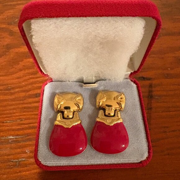 Vintage Monet Gold Tone Red Enamel Earrings - Picture 2 of 7